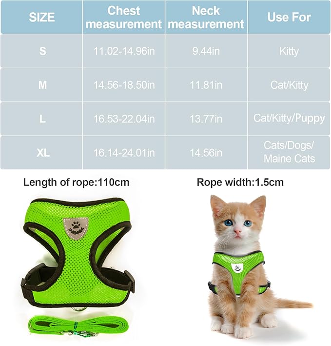 Summer cat Chest Harness and Leash, Anti-Escape Adjustable Soft mesh cat Leash and Chest Harness Set for All Types of Cats cat Vests (Size M,Green)