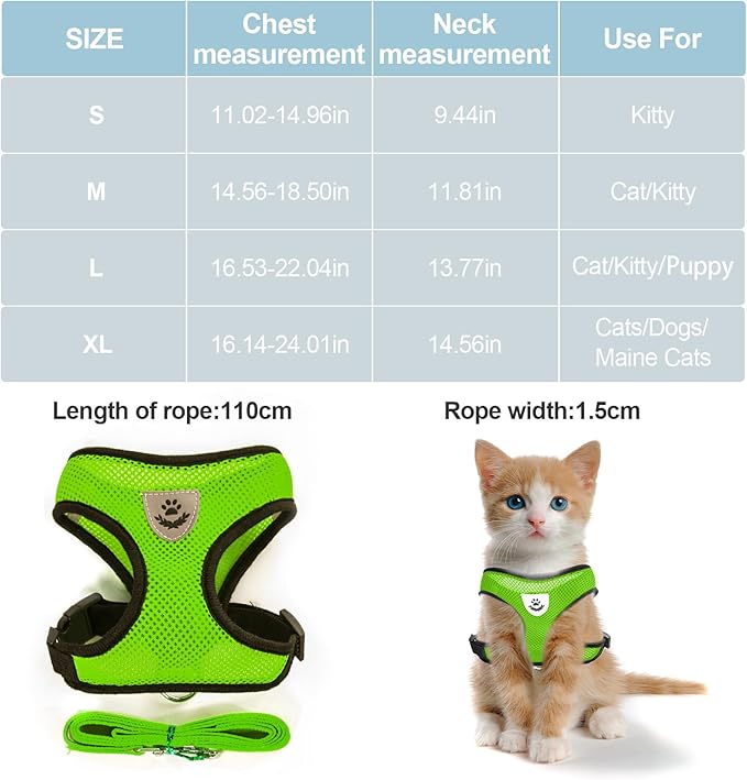 Summer cat Chest Harness and Leash, Anti-Escape Adjustable Soft mesh cat Leash and Chest Harness Set for All Types of Cats cat Vests (Size L,Green)