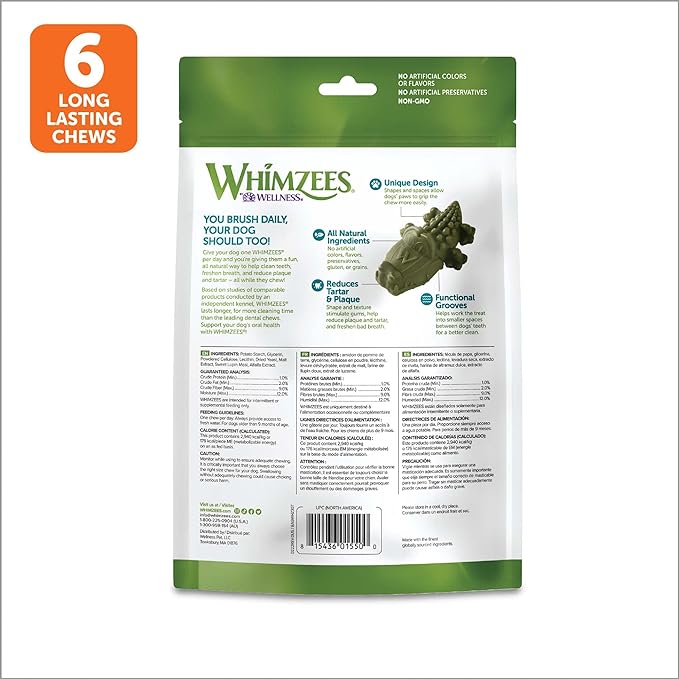 WHIMZEES by Wellness Alligator Natural Dental Chews for Dogs, Long Lasting Treats, Grain-Free, Freshens Breath, Large Breed, 6 count