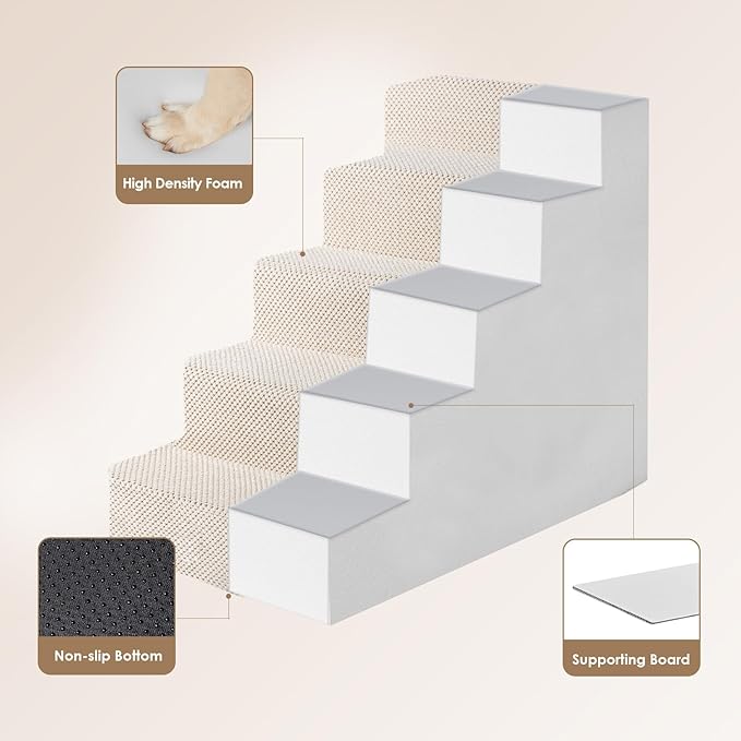 EHEYCIGA Dog Stairs for High Bed 22.5”H, 5-Step Dog Steps for Bed, Pet Steps for Small Dogs and Cats, Non-Slip Balanced Dog Indoor Ramp, Beige