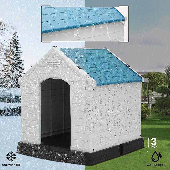 MoNiBloom 32.5 Inch Insulated Dog House for Small to Large Dogs, Waterproof Dog Shelter with Air Vents and Elevated Floor, All Weather Indoor Outdoor Plastic Doghouse, Easy Assembly