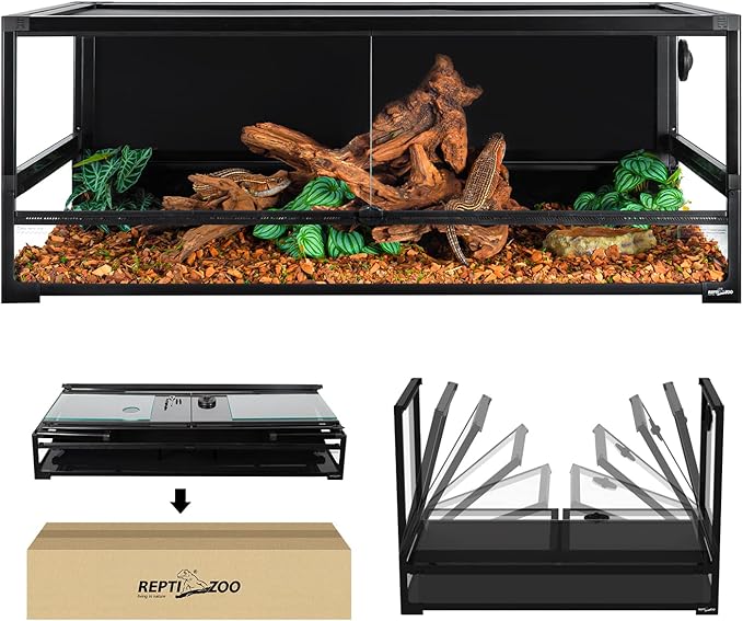 REPTI ZOO 85 Gallon Tempered Glass Reptile Terrarium, 48" x 24" x 18" Easy Folding & Detaching Reptile Habitat Tank with One-hand Opening Door & Blacked-out Back and Screen Ventilation