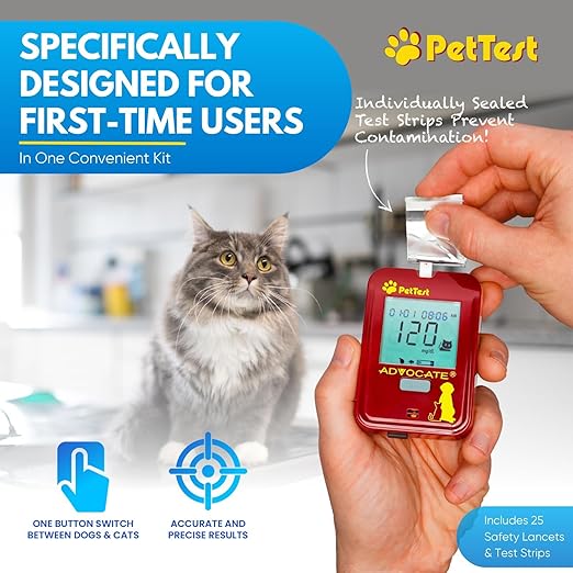PetTest Glucose Monitoring Kit for Dogs & Cats - Classic Beginner Diabetic Pet Blood Sugar Check Kit - Includes Classic Glucose Meter, 25 Test Strips, 25 Safety Lancets, Carrying Pouch