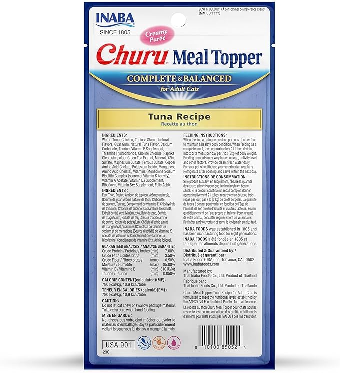 INABA Churu Meal Topper for Cats, Complete & Balanced, Creamy, Lickable Purée Cat Food Topper, 0.5 Ounce Tube, 12 Tubes (4 per Pack), Tuna Recipe