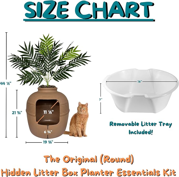 Good Pet Stuff, Original Hidden Litter Box & Reusable Liner Essentials Kit, Round Enclosed Cat Planter Litter Box with Artificial Plants, Vented Carbon Odor Filter System, Easy to Clean, Mocha Brown