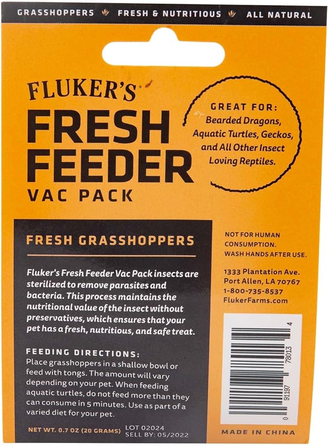 Fluker's Fresh Feeder Vac Pack Grasshoppers, All Natural and Preservative Free, Great for Insect Eating Reptiles, Birds, or Small Animals, 0.7 oz