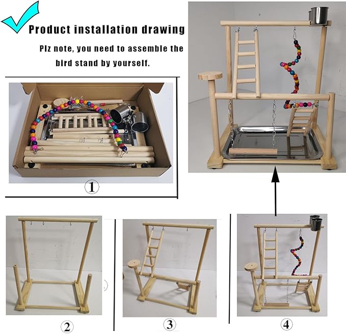 Parrots Playground, Bird Play Gym Wood Perch Stand Colours Revolving Climb Ladders Swing Chewing Toys with Parakeet Feeding Cups Exercise Activity Center for Conure Cockatiel Lovebirds(Include a Tray)