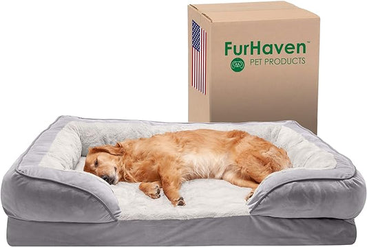 Furhaven Cooling Gel Dog Bed for Large Dogs w/ Removable Bolsters & Washable Cover, For Dogs Up to 95 lbs - Plush & Velvet Waves Perfect Comfort Sofa - Granite Gray, Jumbo/XL, 40.0"L x 32.0"W x 9.5"Th