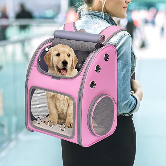 Expandable Pet Carrier Backpack for Cats, Dogs and Small Animals, Portable Pet Travel Carrier, Super Ventilated Design, Airline Approved, Ideal for Traveling/Hiking/Camping, Pink