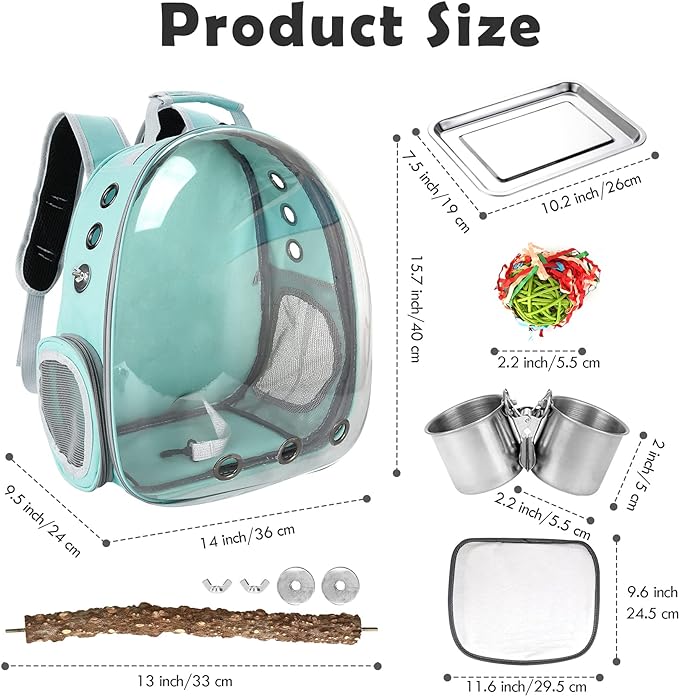 Bird Carrier Backpack Travel Cage with Perch, Breathable Clear Parrot Cockatiel Cage with Toy Stainless Steel Food Bowl Tray for Conures Parakeet Budgie Canary Lovebirds, Small Animal Pet Carrier Bag