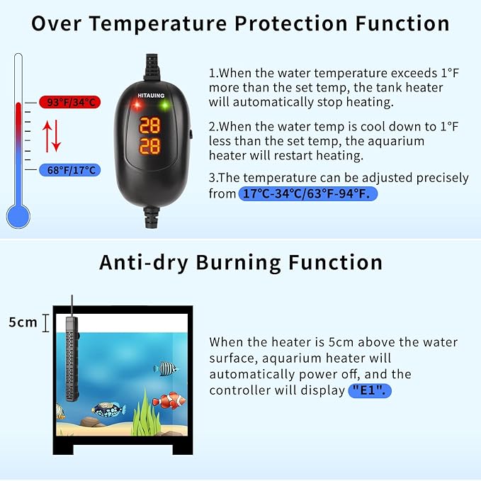 HiTauing Aquarium Heater, 50W/100W/200W/300W/500W Submersible Fish Tank Heater with Over-Temperature Protection and Automatic Power-Off When Leaving Water for Saltwater and Freshwater