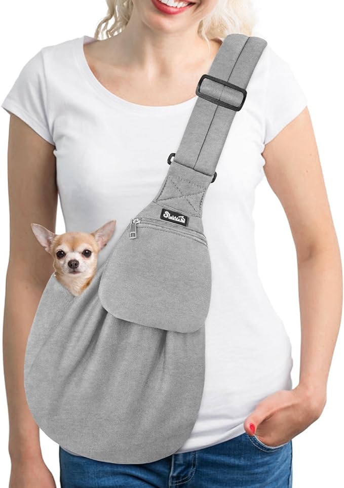 SlowTon Dog Carrier Sling - Thick Padded Adjustable Shoulder Strap Dog Carriers for Small Dogs, Puppy Carrier Purse for Pet Cat with Front Zipper Pocket Safety Belt Machine Washable (Grey, S)