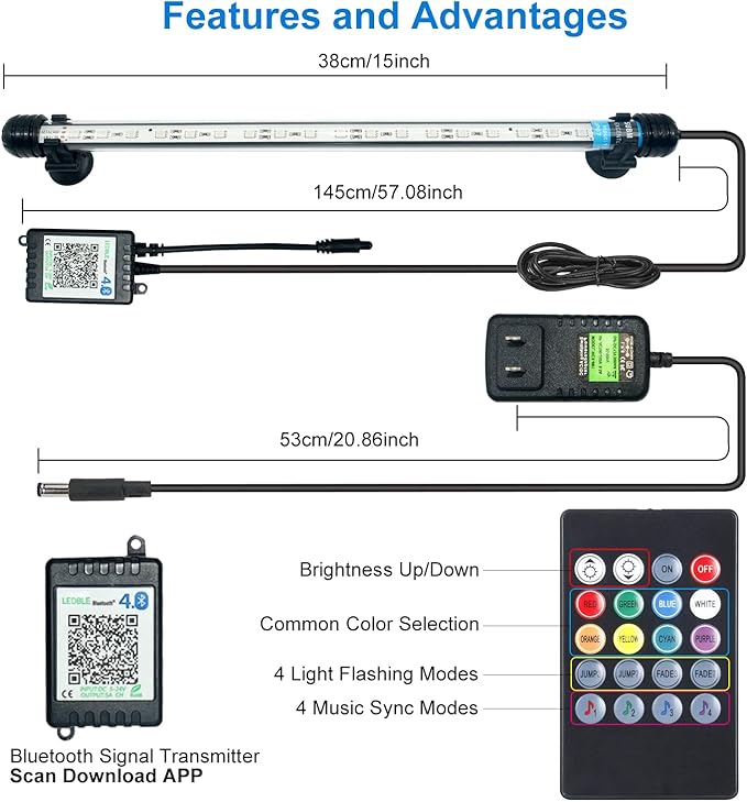 VARMHUS LED Aquarium Light,Fish Tank Light with Remote Controller&APP Control,DIY Full Spectrum Optional Color&Intelligent Timing and Dimming,29 Light Modes and 4 Music Control Modes 18LEDS-RGB 15''