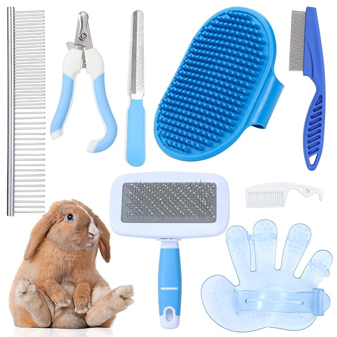 8 PCS Rabbit Grooming Kit, Rabbit Brush, Small Animal Pets Grooming Kits Include Pet Grooming Shedding Slicker Brush, Bath Massage Glove Brush, Nail Clipper, Flea Comb, Pet DoubleSided Comb for