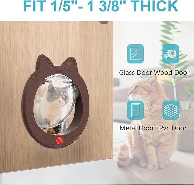 Pet Door, Cat Door for Interior Exterior Doors, 7.5" x 7.5" Inner Frame, 4-Way Locks, for Cats and Small Dogs, Easy to Install, Suitable for Interior and Exterior Doors, Coffee