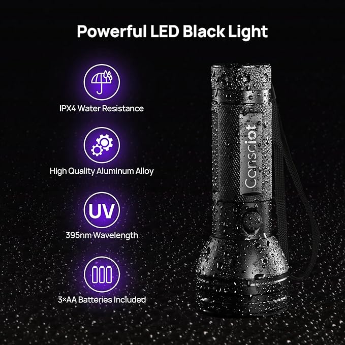 UV Flashlight Black Light, Consciot 51 LED 395nm Ultraviolet Blacklight, Portable Torch Light Pet Urine Detector for Dog/Cat Urine, Dry Stains, Bed Bug, Resin Curing, Matching with Pet Odor Eliminator