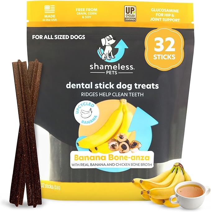 Shameless Pets Dental Treats for Dogs, Banana Bone-Anza (32 Sticks) - Dental Sticks with Hip & Joint Support for Teeth Cleaning & Fresh Breath - Dog Bones Dental Chews Free from Grain, Corn & Soy