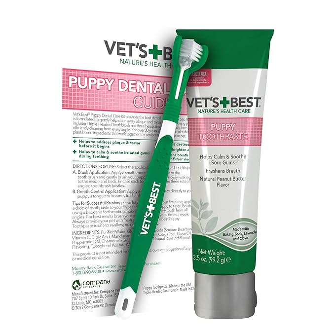 Vet’s Best Puppy Dental Kit – Toothbrush & Toothpaste for Puppies – Dog Tooth Brushing Kit – 3.5 Ounces