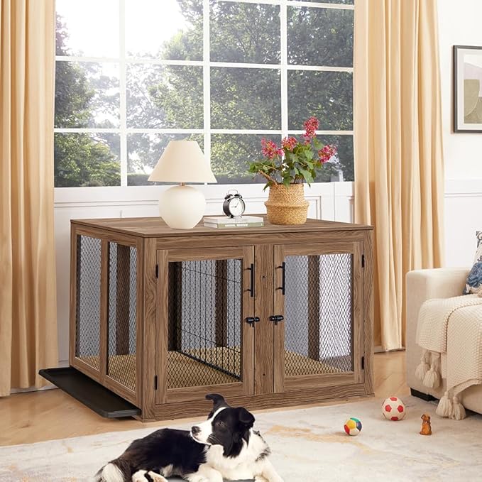 unipaws XL Furniture Dog Crate for Large Dogs with Tray and Divider, Extra Large Indoor Aesthetic Kennel Pet House Dog Cage for 2 Dogs, Wood Pretty Cute Fancy End Side Table Nightstand, Walnut