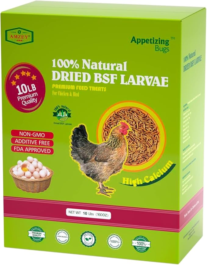 Amzey 10LBS Dried Black Soldier Fly Larva/Dried Mealworms - 100% Natural BSF Larvae - 85X More Calcium Than Mealworms - High Calcium Treats for Chickens, Birds, Hens, Ducks