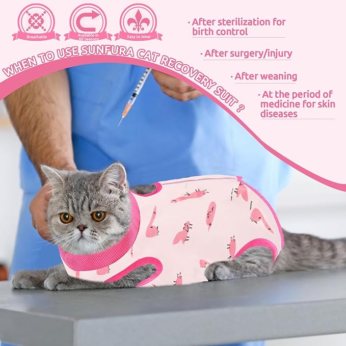 SUNFURA Cat Recovery Suit, Kitten Surgical Full Bodysuit for Abdominal Wound Protector Anti Licking After Surgery, Professional Bandages Cone E-Collar Alternative for Small Male & Female Pets