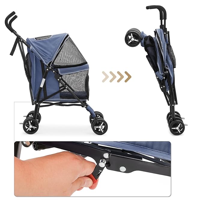 MoNiBloom 4 Wheels Pet Stroller, Easy-Fold Puppy Cage Jogger Stroller with Sun Cover, Pad and Rear Storage Bag, Breathable and Visible Mesh for Small/Medium Pets up to 22 lbs, Navy Blue