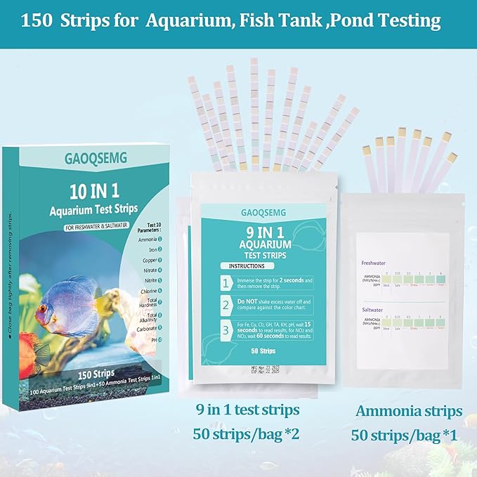 10 in 1 Ammonia Water Test Kit for Aquarium,150 Strips Freshwater Saltwater Fish Tank Test Strips for Testing Ammonia,pH,Hardness,Nitrite,Nitrate,and More