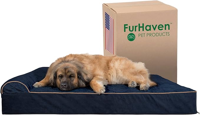 Furhaven Orthopedic Dog Bed for Extra Large Dogs w/ Bonus Water-Resistant Liner & Removable Washable Cover, For Dogs Up to 300 lbs - Goliath Quilted Faux Fur & Velvet Bolster Chaise - Dark Blue, 4XL