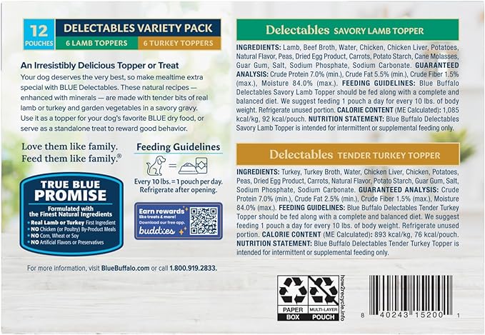 Blue Buffalo Delectables Natural Wet Dog Food Topper Variety Pack, Lamb & Turkey Dinner 3-oz (12 Pack - 6 of Each Flavor)