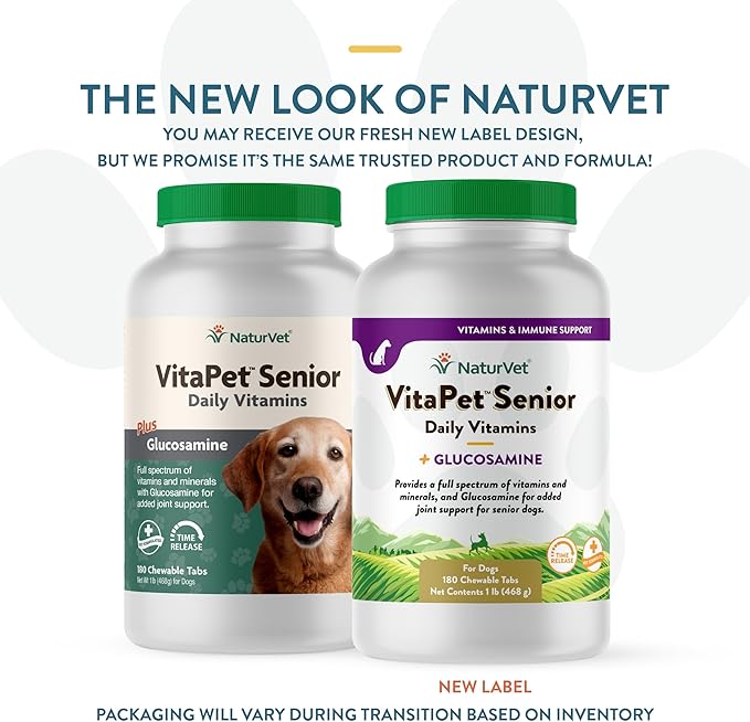 NaturVet VitaPet Senior Daily Vitamins Plus Glucosamine, Dog Multivitamin Supplement, Chewable Tablets, Time Release, Made in The USA with Globally Source Ingredients 180 Count