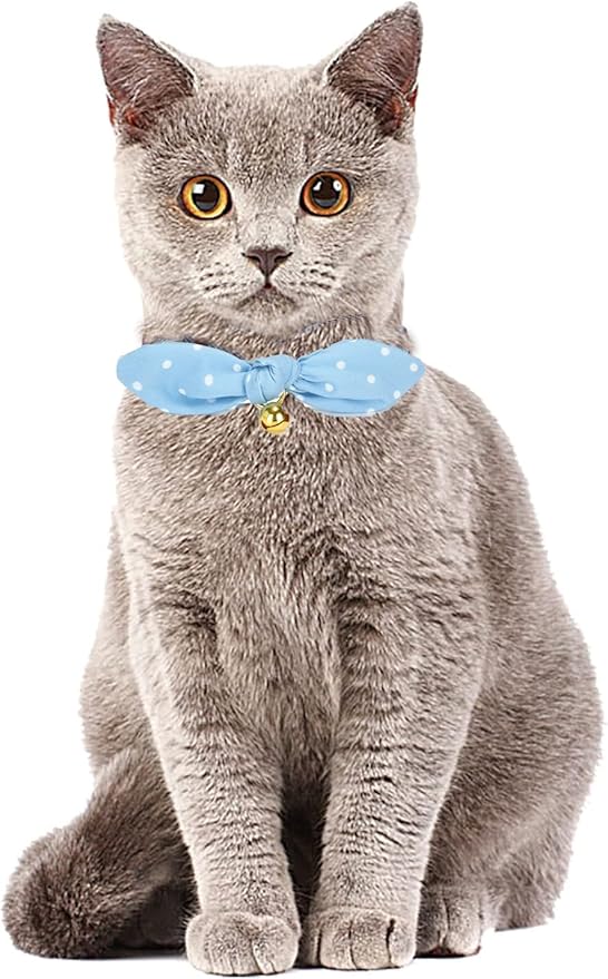 Bowtie Cat Collar with Bell, 2 Pack Cotton Breakaway Kitten Collars with Removeable Bow Stylish Cat Collars, Gradient Plaid & Polka Dot Blue