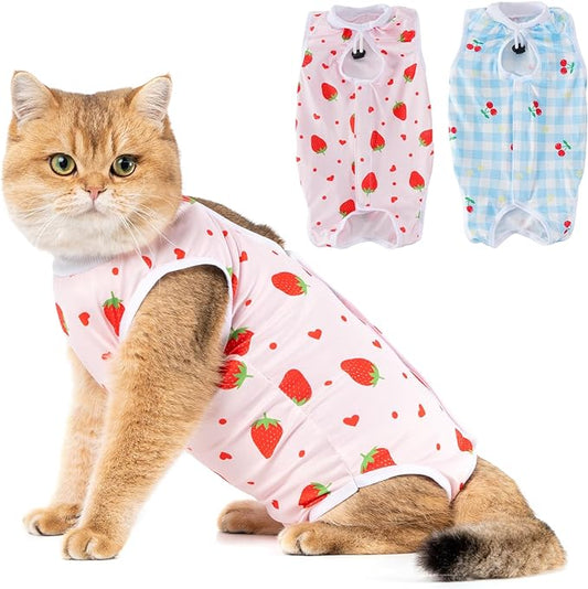 Avont 2 Pack Cat Recovery Suit - Kitten Onesie for Cats After Surgery, Surgical Spay Recovery Suit Female for Abdominal Wounds or Skin Diseases Protection -Cherry/Strawberry(L)