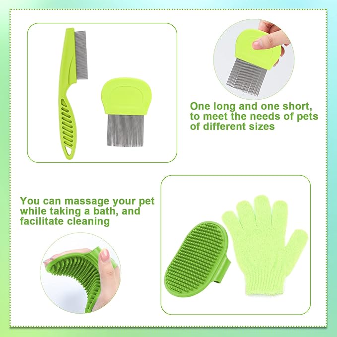 8 Pcs Small Animal Pink Grooming Kit, Rabbit Grooming Kit with Pet Nail Clipper and File, Flea Comb, Pet Shampoo Bath Brush , Pet Shedding Slicker Brush, Bath Massage Glove, Cleaning Comb (Green)