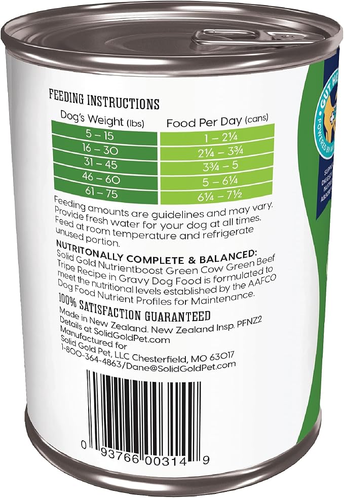 Solid Gold Green Cow Wet Dog Food Mix in for Adult & Senior Dogs for Picky Eaters - Canned Dog Food Additive to Mix with Kibble - Beef Tripe for Sensitive Stomachs - Single 13.2 oz Can