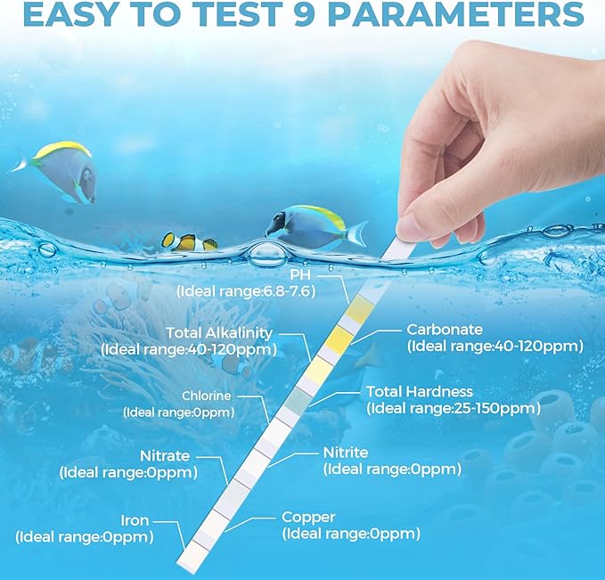 9 in 1 Aquarium Water Test Kit - Easy & Accurate Aquarium Test Strips, 125 Strips Fish Tank Water Testing Kit Monitor pH, Nitrite, Nitrate and More - Ideal for Freshwater and Saltwater Aquariums