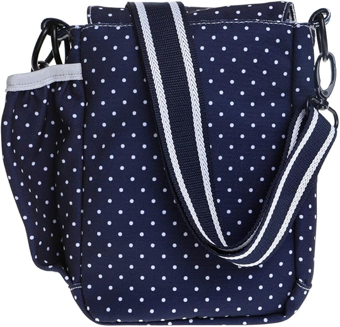 DOOG | Walkie Bag | Adjustable Shoulder Bag with Poo Bag Compartment and Water Bottle Compartment | Navy with Polka Dots