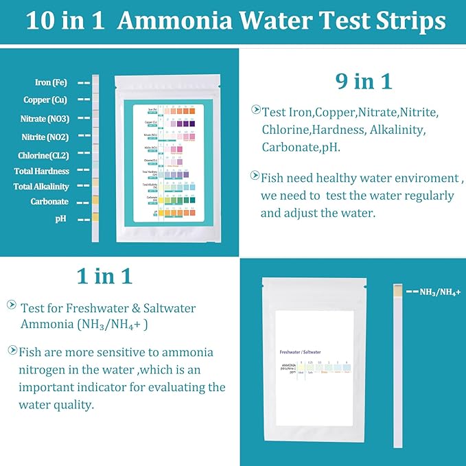 10 in 1 Ammonia Aquarium Water Test Kit,150 Strips Fish Tank Test Strips for Freshwater Saltwater Testing Ammonia,pH,Hardness,Nitrite,Nitrate,Chlorine,Copper and More