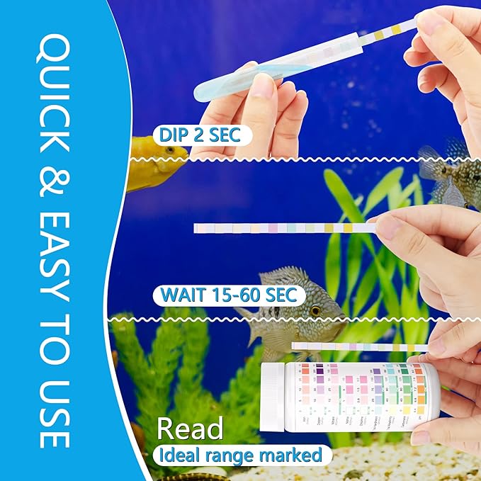 9 in 1 Aquarium Test Strips, 100 Strips Aquarium Test Kits for Freshwater Saltwater, Aquarium Water Test Kit, Pond Fish Tank Test Strips Testing Iron, Copper, Nitrite, Nitrate, pH, Carbonate and More