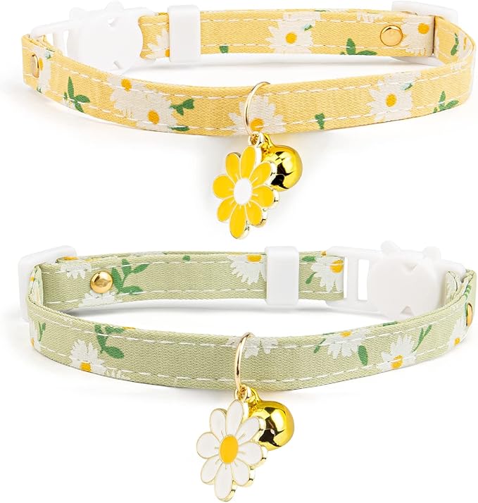 2 Pack Cotton Breakaway Cat Collar with Bell,Yellow&Green Flowers Pendant Cute Cat Collar Kitten Collar,Ideal for Girl Cats Boy Cats