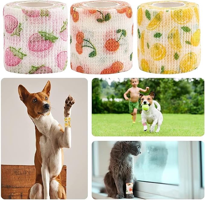 6 Rolls Self-Adhesive Bandage Wrap Non-Woven Vet Wrap Cohesive 2Inchx5yard for Dogs Cats Horse Leg Pet Animals Wounds Wrist Healing Sprains & Swelling Fruit Print