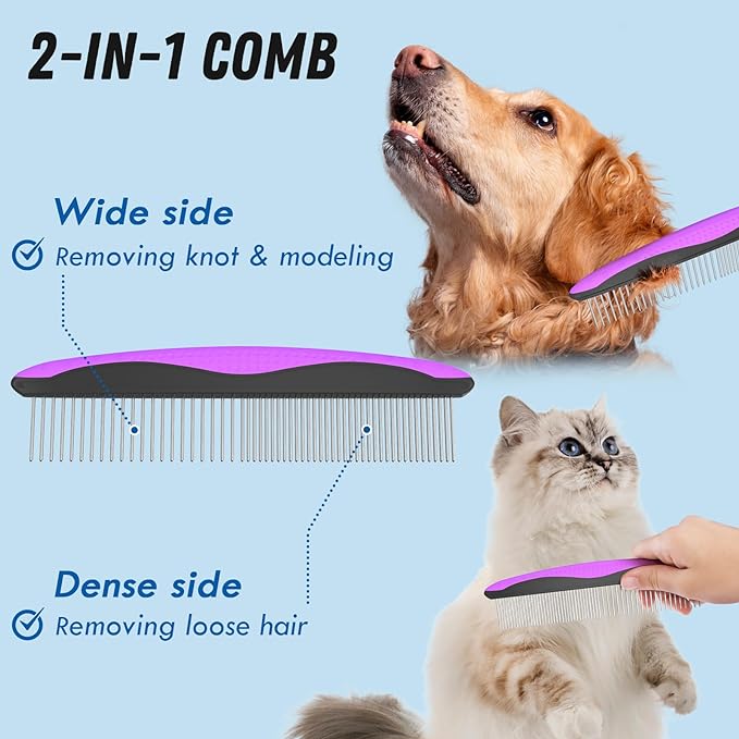 Pet Grooming Brush and Metal Comb Combo, Cat Brush Dog Brush for Shedding, Undercoat Rake for Dogs Grooming, Dematting Deshedding Brush Dogs Shedding Tool for Long matted Haired Pets, Purple