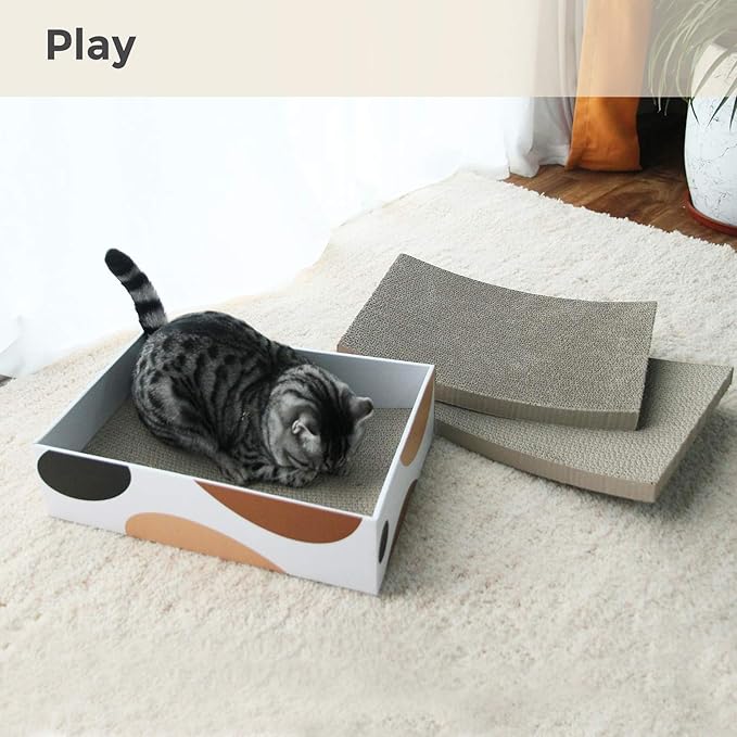 ComSaf Cat Scratching Pad, Concave Cat Scratcher Cardboard, Durable 3 in 1 Corrugated Scratcher, Reversible Scratcher with Box Refill, Scratcher Lounge Bed for Furniture Protection, Cat Training Toy
