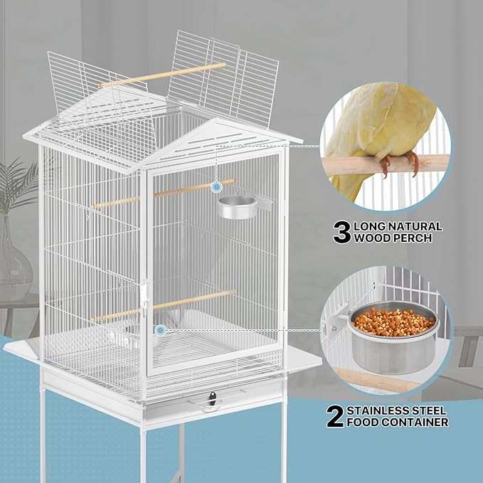 MoNiBloom 54 Inch Bird Cage w/Acrylic Door, Open Top Roof Birdcage for Finches Canaries Lovebirds Medium Small Parrots, Flight Birdcage w/Rolling Stand, White