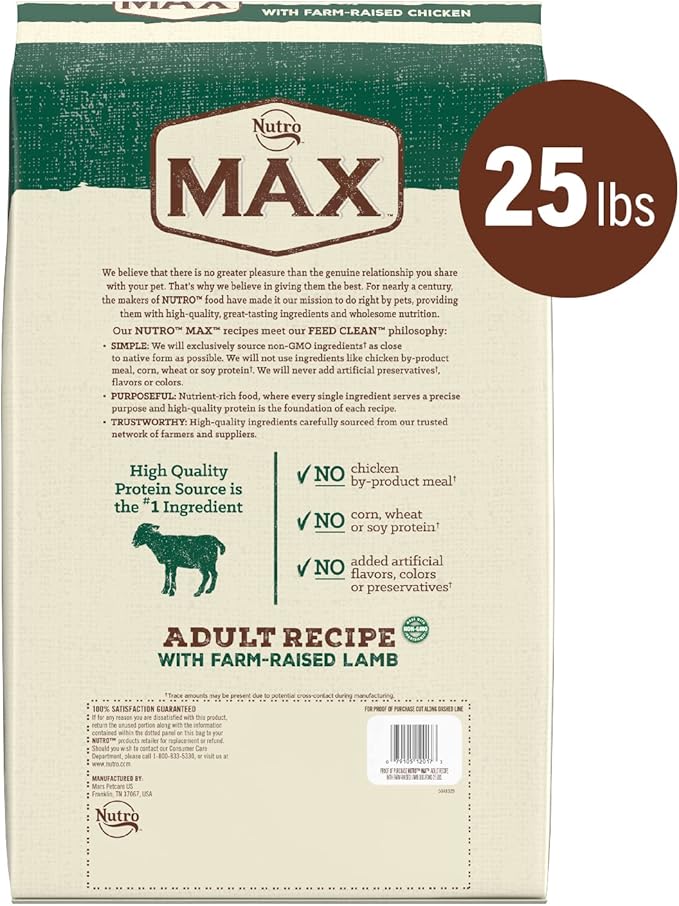 Nutro Max Adult Recipe Dry Dog Food With Farm Raised Lamb, 25 LB Bag