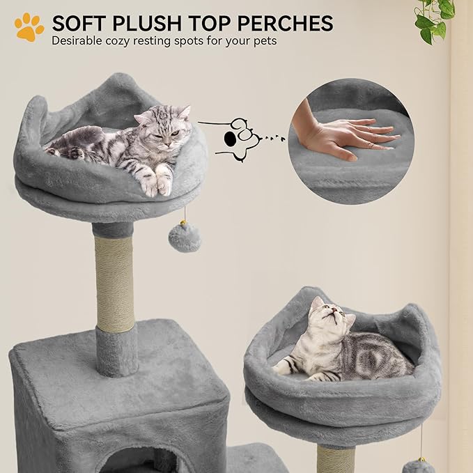 YITAHOME Cat Tree Tower for Indoor Cats, 75 inches Tall Multi-Level Cat Climbing Tower with Cat Condos, Cozy Plush Perches, Hammocks, Scratching Posts Board, Large Cat Activity Center, Light Gray