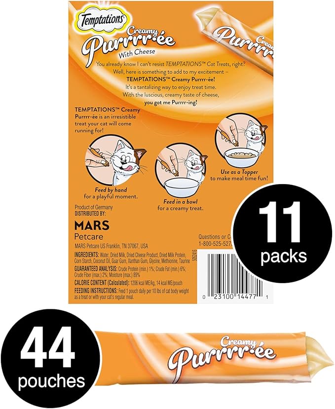 Temptations Creamy Puree with Cheese, Lickable Cat Treats, 0.42oz Pouches, 4 Count (Pack of 11) - Total 44 Count
