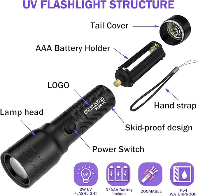 395nm UV Flashlight, Zoomable Blacklight Flashlight with 3xAAA Battery Portable Ultraviolet Flashlight Pet Urine Detector for Cat Dog Stains, Scorpion, Bed Bug