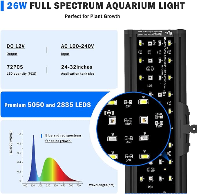 AQQA LED Aquarium Light, 24/7 Mode Clip on Fish Tank Light with Memory Function, DIY Mode Full Spectrum Aquarium Plant Light, Adjustable Timer/Brightness, IP68 Waterproof for 24-32 in Fish Tank 26W