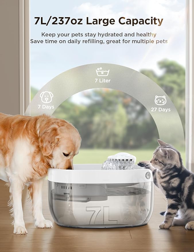 7L/1.8Gal Dog Water Fountain for Large Dog, FEELNEEDY Dog Water Bowl Dispenser Pet Water Fountain, Water Dispenser for Dogs with Ultra Quiet Pump for Multiple Pets with 3 Filters (FN-W05, White)