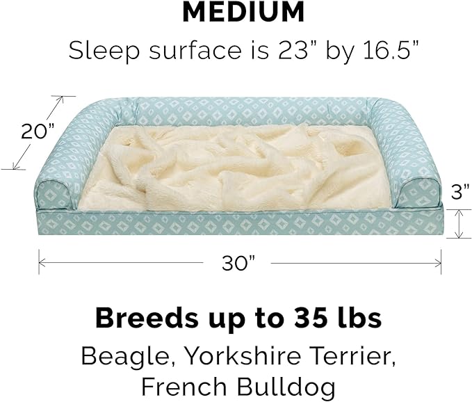 Furhaven Cozy Orthopedic Dog Bed for Medium/Small Dogs w/ Removable Bolsters & Washable Cover, For Dogs Up to 35 lbs - Plush & Diamond Print Nest Top Sofa - Aqua, Medium